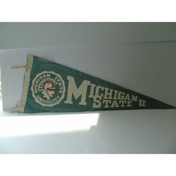 Vintage 1950's Michigan State U Pennant Spartan Green Felt Wall Decor Souvenir - Picture 1 of 8